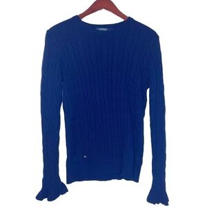 LAUREN RALPH LAUREN Bell Cuff Cable Knit Cotton Sweater Size Large in Navy